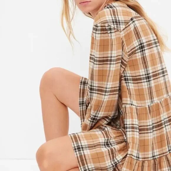 GAP Womens L Camel Plaid Button-Front Long Sleeve Tiered Dress Cotton Comfy Chic - Picture 14 of 14